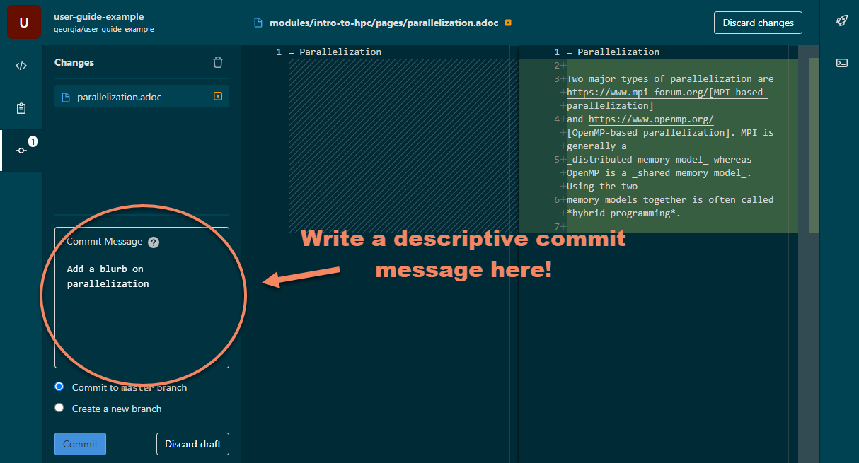 Where to type your commit message